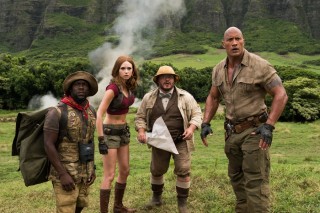 Kevin Hart, Karen Gillan, Jack Black en Dwayne Johnson in Jumanji: Welcome to the Jungle