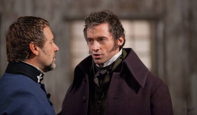 Russell Crowe (Javert) en Hugh Jackman (Jean Valjean)