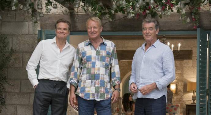 Colin Firth (Harry), Stellan Skarsgård (Bill) en Pierce Brosnan (Sam) in Ladies Night: Mamma Mia! Here We Go Again