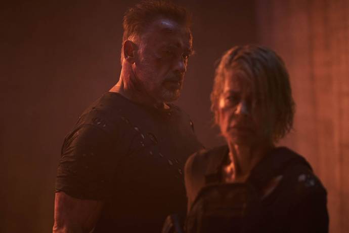 Linda Hamilton (Sarah Connor) en Arnold Schwarzenegger (The Terminator)