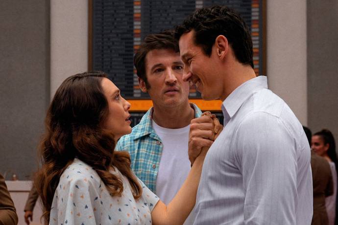 Elizabeth Olsen (Joan), Miles Teller (Larry) en Callum Turner (Luke)