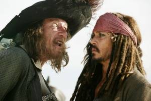 Barbossa (Geoffrey Rush) en Kapitein Jack Sparrow (Johnny Depp) in At World's End