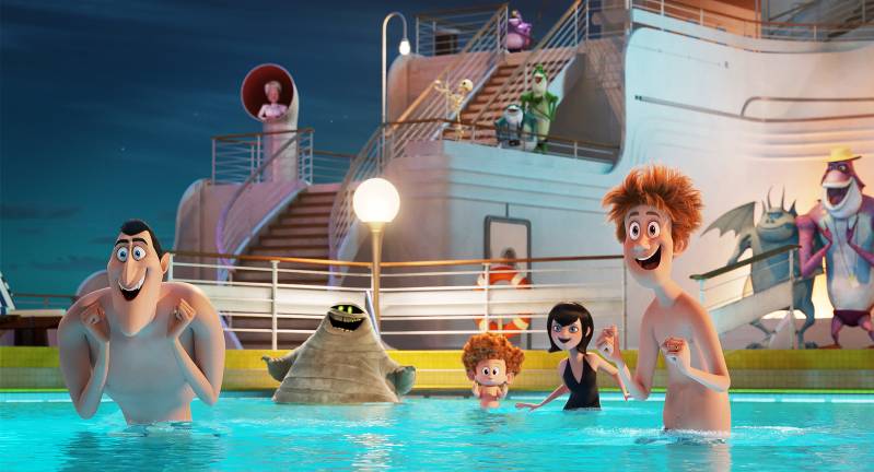 Dracula (Adam Sandler), Mummy (Keegan-Michael Key), Dennis (Asher Blinkoff), Mavis (Selena Gomez) and Jonathan (Andy Samber) in Sony Pictures Animation's HOTEL TRANSYLVANIA 3: SUMMER VACATION., © 2018